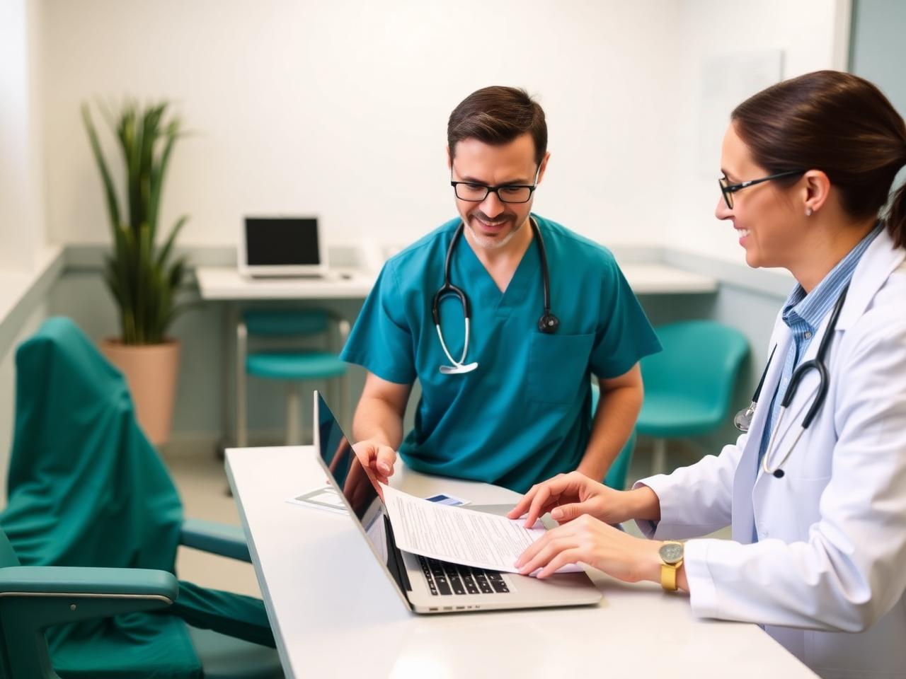 Médica e equipe administrativa revisando autorizações cirúrgicas